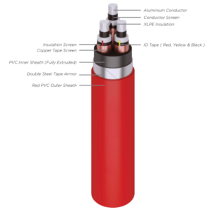 NA2XSEBY (Al/XLPE/CTS/DSTA/PVC) (Aluminium Conductor, XLPE Insulated, Copper Tape Screen, PVC Sheathed, Double Steel Tape Armor, PVC Sheathed)